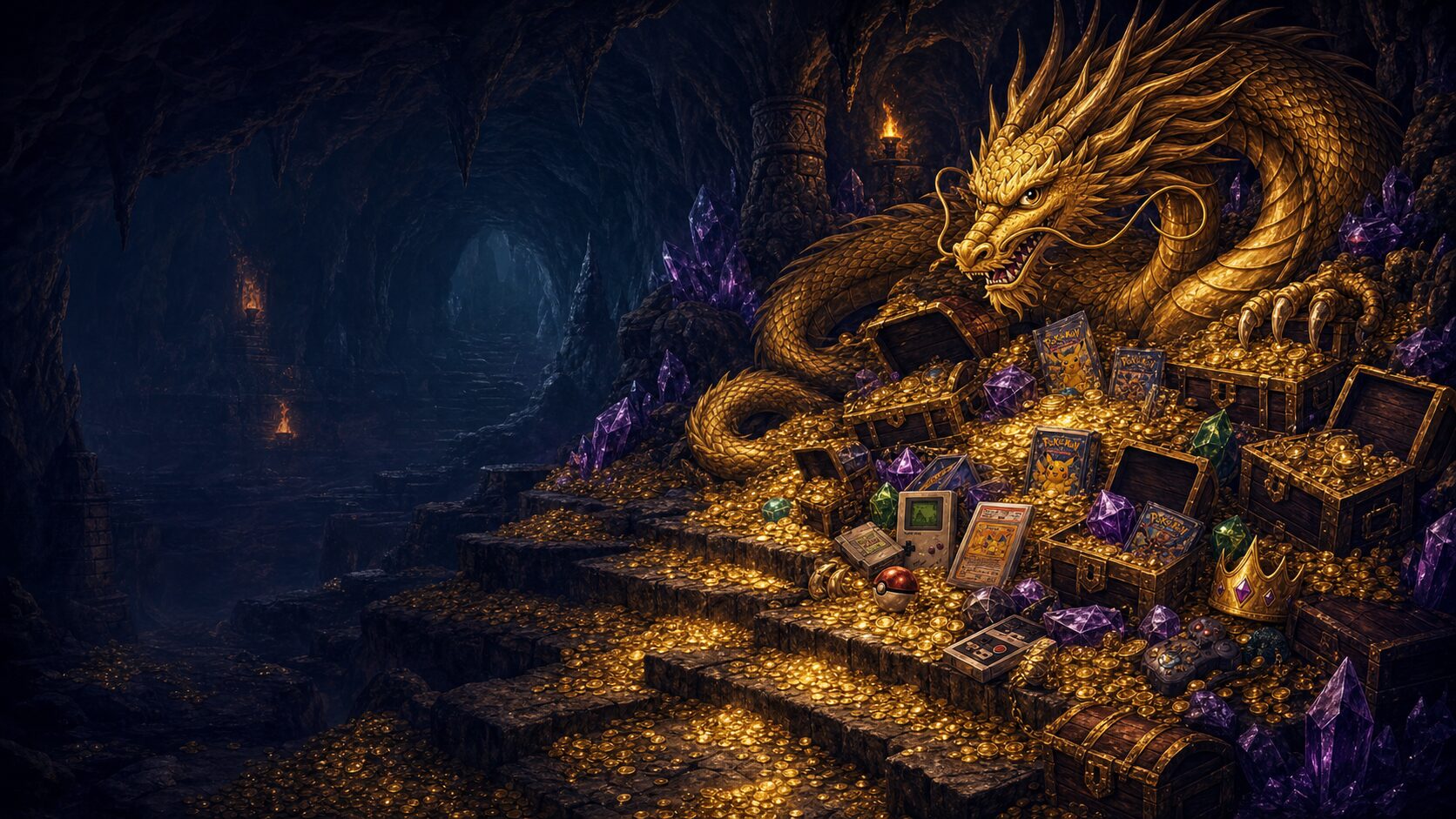 The golden dragon coiled around an immense hoard of treasure