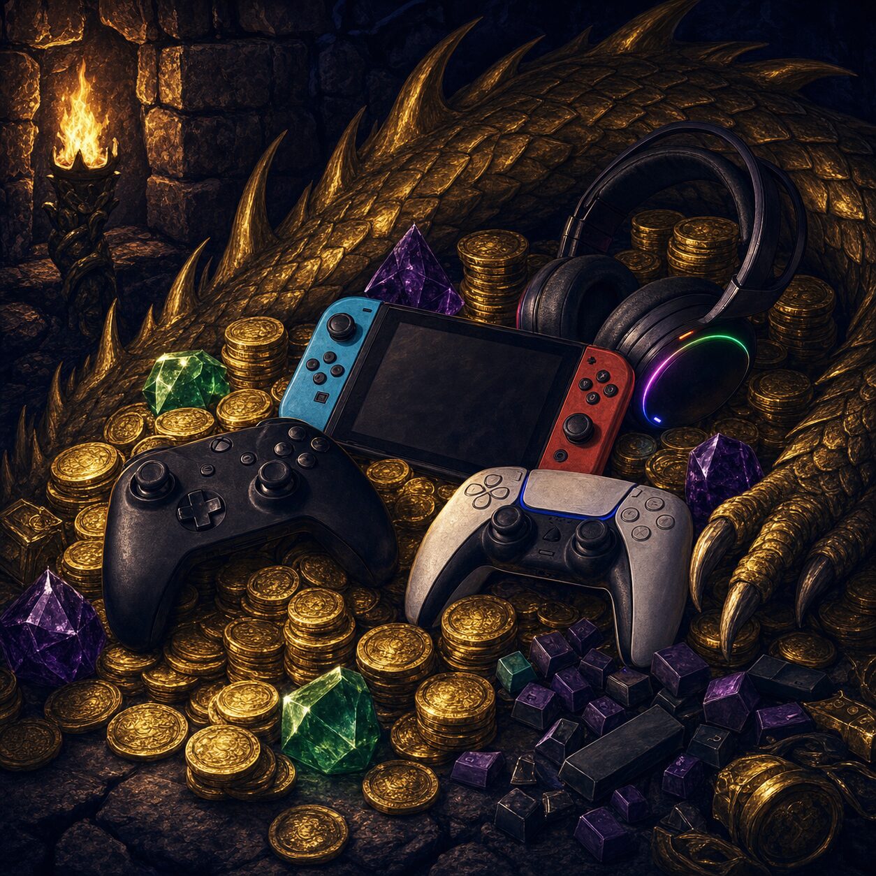 Stacked controllers and gaming gear in a dragon's hoard