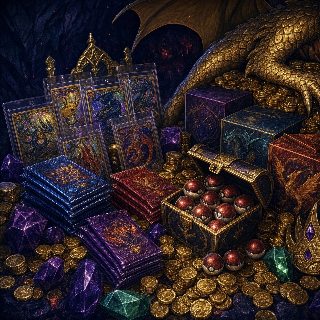 Stacks of foil booster packs and capture orbs among gold coins
