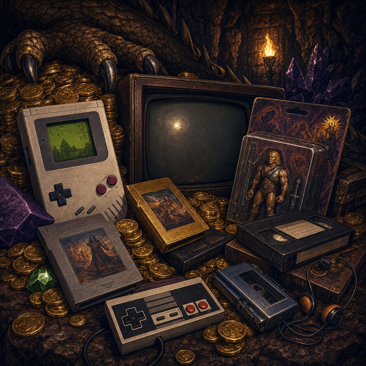 Vintage Game Boy and retro controllers in a treasure hoard