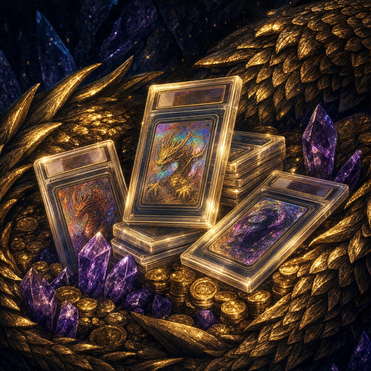 Graded card slabs glowing among gold and crystals